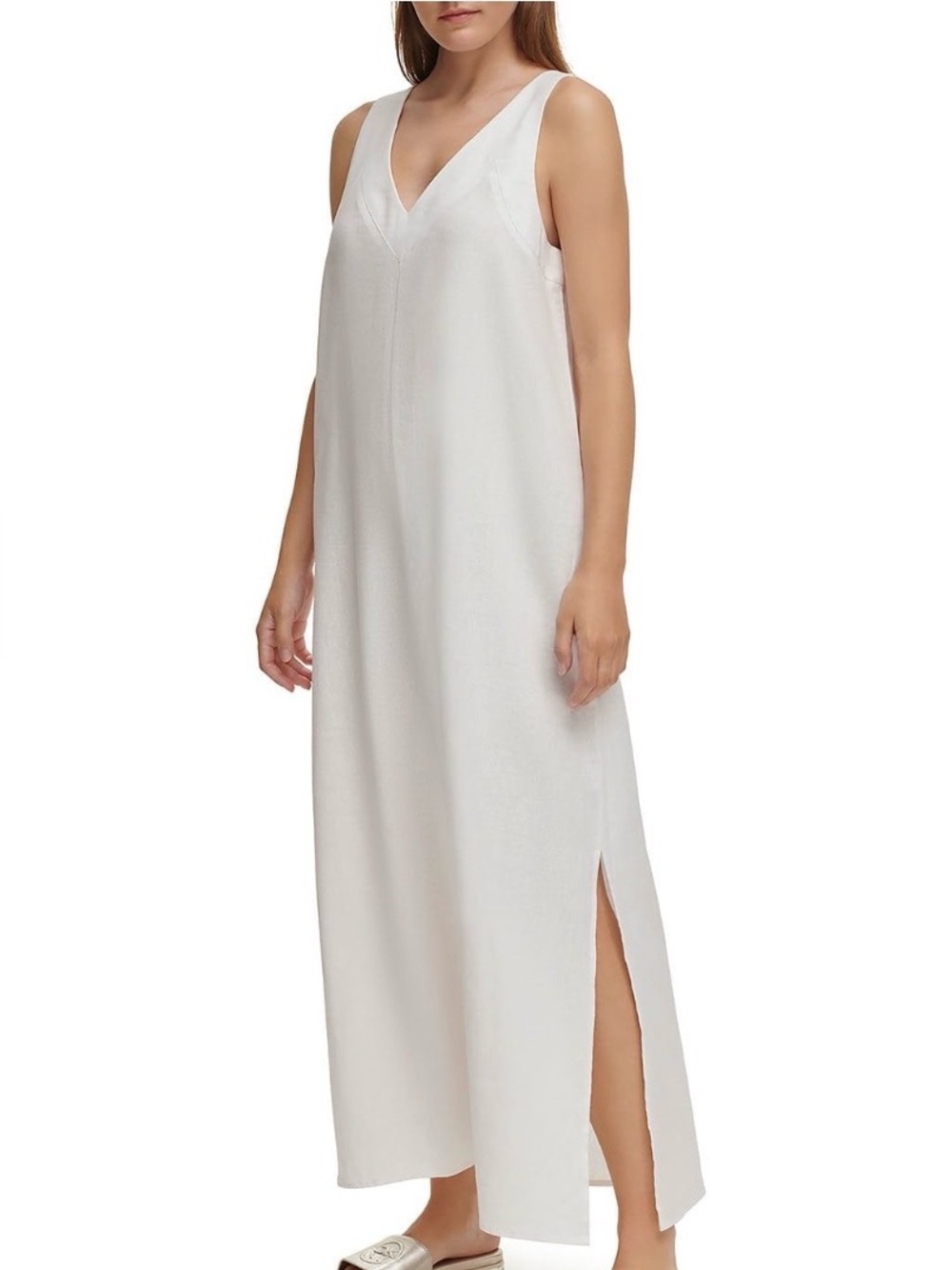 NWOT DKNY White Linen Medium Sleeveless V-Neck Maxi Dress Boho Summer Resort